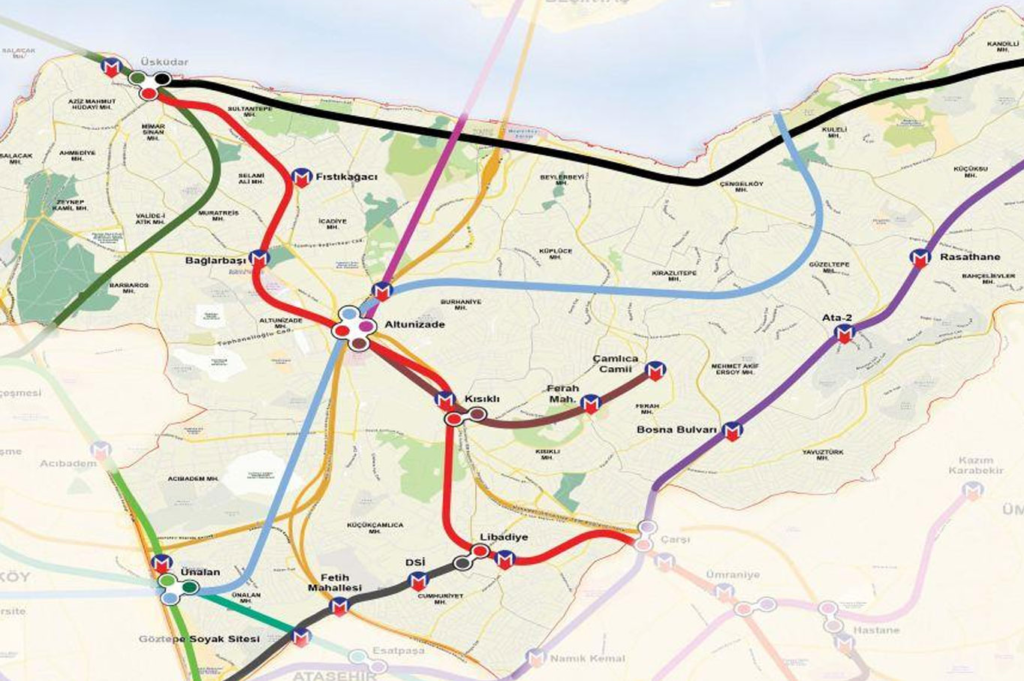 Metro map and transit connections near Çamlıca Tower