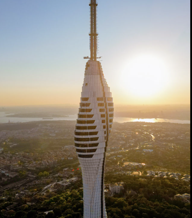 Camlica Tower in golden-hour light above Istanbul