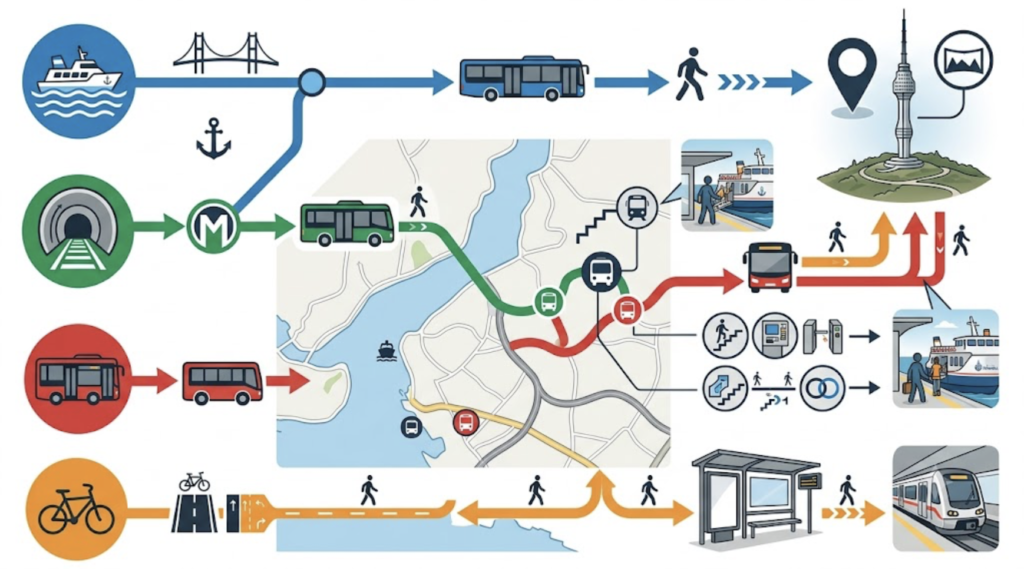 Illustrated routes to Camlica Tower by ferry, Marmaray, metro, bus and on foot